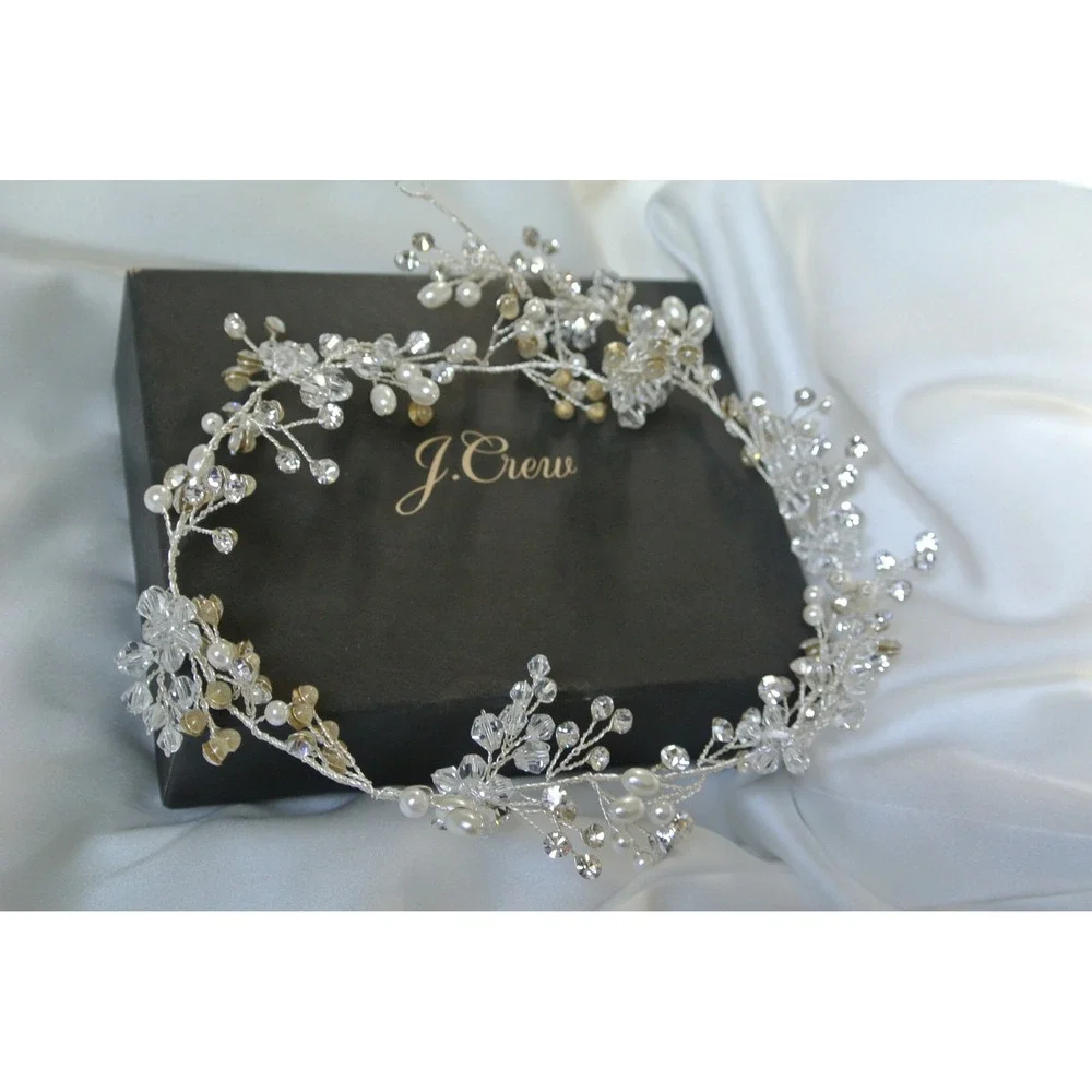 J.Crew Crystal and Pearl Floral Vine Bridal Headpiece Silver Tone OS